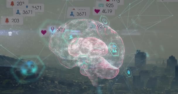 Анимация Икон Социальных Сетях Вращающих Икону Человеческого Мозга Против Воздушного — стоковое видео