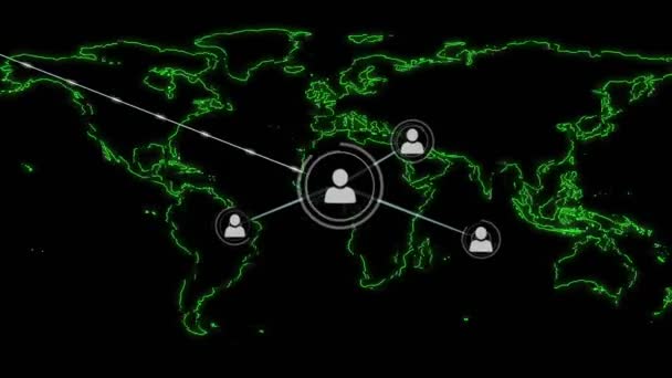Animação Rede Ícones Perfil Sobre Mapa Mundo Contra Fundo Preto — Vídeo de Stock