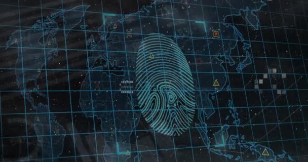 Animatie Van Biometrische Vingerafdrukscanner Veiligheidshangslotpictogram Tegen Wereldkaart Cybersecurity Business Technologie — Stockvideo