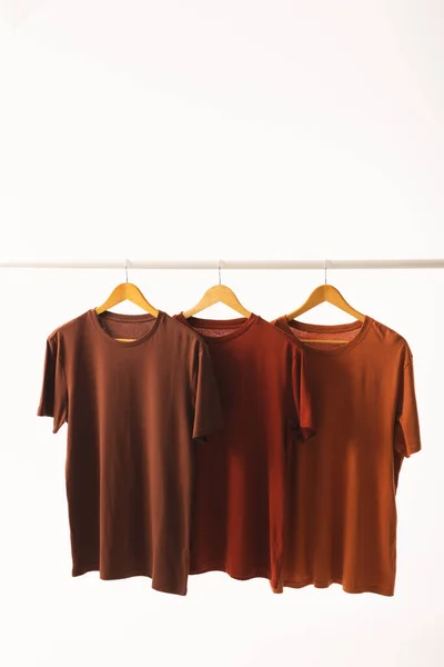 Tres Camisetas Marrones Perchas Colgando Riel Ropa Espacio Copia Sobre —  Fotos de Stock