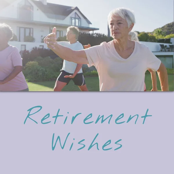 Composition Retirement Wishes Text Senior Diverse People Practicing Yoga Retirement — Stock Photo, Image