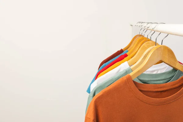 Multi Coloured Shirts Hangers Hanging Clothes Rail Copy Space White — Stock Photo, Image