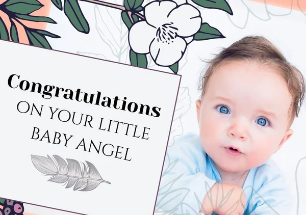 赤ん坊の天使のテキストと慎重な赤ん坊の写真についてのお祝いの構成 新しい赤ちゃん お祝い そして望みのコンセプトがデジタルで生成されたイメージ — ストック写真