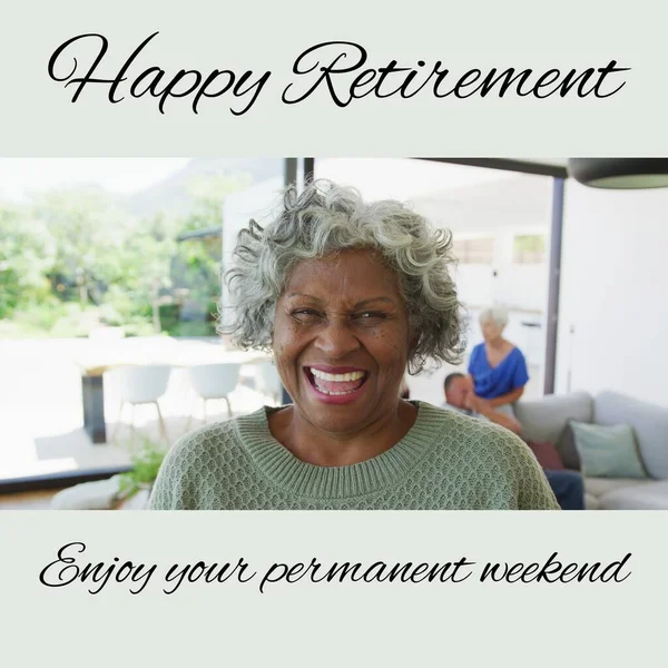 Composition Happy Retirement Text Senior Biracial Woman Smiling Retirement Senior — Stock Photo, Image