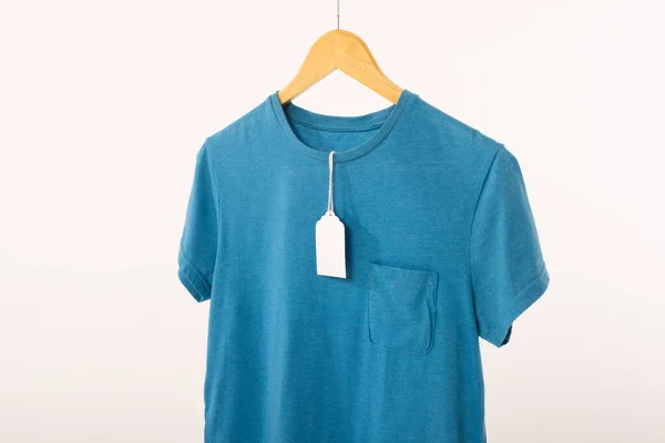 Blue Shirt Tag Hanger Copy Space White Background Fashion Clothes — Stock Photo, Image