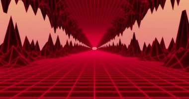 Dağların arasında ilerleyen şebeke yolunun perspektifi azalıyor. Dijital olarak üretilen hologram, yol, doğa, geometrik şekil, soyut ve dağ aralığı kavramı.