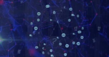 Birbirine bağlı simgelerin üzerine düşen sayıların animasyonu dünyayı oluşturur ve noktaları birleştirir. Dijital olarak üretilen, satış, telekomünikasyon, finans, ekonomi, sosyal medya, soyut, geleceksel ve teknoloji.