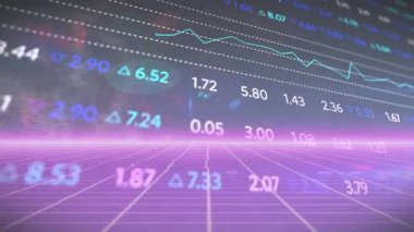 Arka plandaki boşluğa karşı şebeke üzerindeki ticaret panosunun animasyonu. Dijital olarak üretilmiş, hologram, illüstrasyon, iş, üç boyutlu, aydınlatılmış ve borsa konsepti.