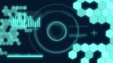 Karanlık arka plan üzerinde çalışan dürbün ve bilgisayar veri işleme animasyonları. Küresel hesaplama, dijital arayüz ve veri işleme kavramı dijital olarak oluşturulmuş video.