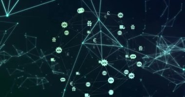 Birbirine bağlı noktaların ve satışın animasyonu, hediye, avro işareti küre oluşturan çizgilerle bağlantılı. Dijital olarak üretilen, telekomünikasyon, küreselleşme, alışveriş, sürpriz, finans, ekonomi ve teknoloji.