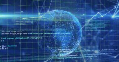 Mavi arka planda dönen dünya üzerindeki veri işleme ve bağlantı ağının animasyonu. Küresel ağ ve iş teknolojisi kavramı