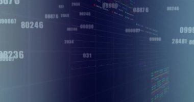 Değişen numaraların animasyonu, istatistiksel, mavi gradyan üzerinde borsa veri işlemesi. Küresel ekonomi ve iş veri teknolojisi kavramı