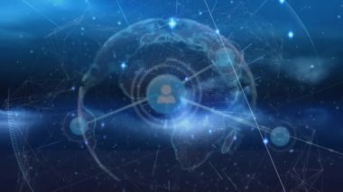 Animation of network of digital icons and light trails over spinning globe against blue background. Global networking and business technology concept