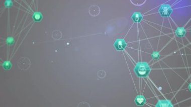 Karanlık arka planda tıbbi simgelerle veri ve bağlantı ağının animasyonu. Dijital olarak oluşturulmuş küresel bağlantılar, hesaplama ve veri işleme kavramı.
