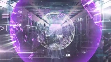 Sunucu odasında birbirine bağlı noktaların, kürelerin, sembollerin ve çubukların canlandırılması. Dijital bileşik, çoklu pozlama, iletişim, veri merkezi, küreselleşme ve teknoloji kavramı.