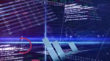 İstatistiksel, borsa veri işleme ve mavi arkaplandaki mavi ışık izlerinin animasyonu. Küresel ekonomi ve iş veri teknolojisi kavramı