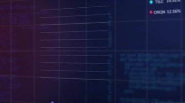 Mor gradyan arkaplana karşı istatistiksel ve borsa veri işleme animasyonu. Küresel ekonomi ve iş veri teknolojisi kavramı