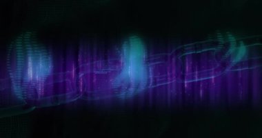 Siyah arkaplana karşı dinamik dalgalar üzerinden blok zinciri ve bilgisayar dilinin animasyonu. Dijital olarak üretilmiş, hologram, illüstrasyon, kripto para, kodlama ve teknoloji konsepti.