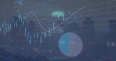 0 'ın animasyonu, grafikler üzerinde yüzde olarak daire çizerek, daire yükleyip şehre karşı ticaret tahtası ile. Dijital bileşik, çoklu pozlama, rapor, iş, binalar, mimari ve borsa.