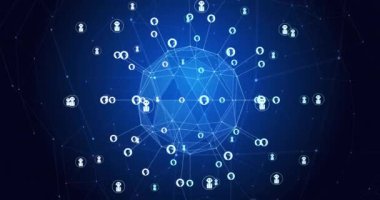 İnsanlarla ve çizgilerle bağlantılı robot simgeleriyle dönen dünyanın animasyonu. Dijital olarak üretilmiş, makine öğrenimi, yapay zeka, telekomünikasyon, ağ, geleceksel, teknoloji.
