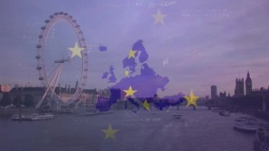 Avrupa Birliği bayrağı, harita, bin yıllık matematiksel denklemler ve Büyük Ben animasyonu. Dijital kompozit, vatanseverlik, hükümet, coğrafya, formül, eğitim, nehir, mimari, şehir.