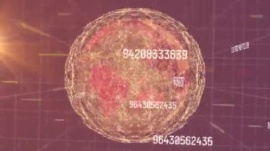 Birbirine bağlı noktalar üzerinde değişen sayıların animasyonu şebeke modeline karşı küre oluşturur. Dijital olarak üretilen hologram, illüstrasyon, iletişim, küreselleşme, büyüme ve iş kavramı.