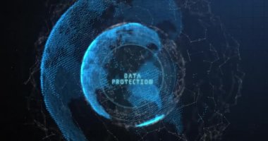 Veri koruma metni ve parmak izi tarayıcısının dünya ve bağlantı ağının animasyonu. Siber güvenlik ve iş teknolojisi kavramı