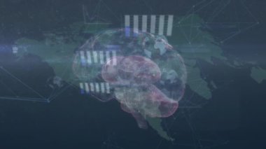 Grafiklerin, kürenin ve insan beynindeki noktaların bilgisayar diline karşı animasyonu. Dijital olarak üretilmiş, hologram, anatomi, iletişim, yapay zeka, kodlama, teknoloji konsepti.