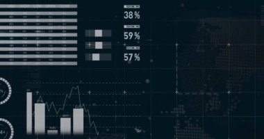 Siyah arka planda dönen dünya üzerinde bilgi arayüzü animasyonu. Dijital olarak üretilmiş, hologram, illüstrasyon, küreselleşme, rapor, ilerleme, büyüme ve iş konsepti.
