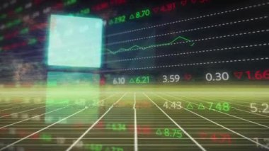 Karelerin şebeke şablonu üzerinde animasyonu ve arka planda uzaya karşı ticaret tahtası. Dijital olarak üretilen, hologram, illüstrasyon, üç boyutlu, şekil ve borsa konsepti.