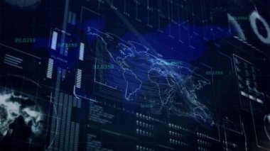 Dönen küre, dünya haritası ve mavi arkaplan ile veri işleme arayüzünün animasyonu. Bilgisayar arayüzü ve iş teknolojisi kavramı