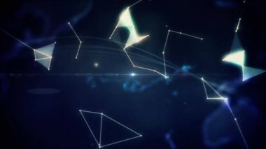 Soyut arkaplan üzerindeki çizgilerle bağlantılı noktalar üzerinde dönen dünyanın animasyonu. Dijital olarak üretilmiş, hologram, illüstrasyon, iletişim, aydınlanma ve teknoloji kavramı.