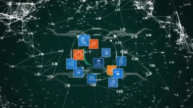 Çemberler üzerinde dünya oluşturan simgelerin animasyonu, arka plandaki sayılarla bağlantılı noktalara karşı. Dijital olarak üretilen, hologram, illüstrasyon, iletişim, küreselleşme ve teknoloji kavramı.