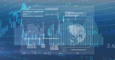 Mavi arka planda istatistiksel ve borsa veri işleme arayüzü animasyonu. Küresel ekonomi ve iş teknolojisi kavramı