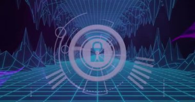 Yükleme çemberlerindeki asma kilidin, dinamik dalgaların, 3D dağların üzerindeki bilgisayar dilinin animasyonu. Dijital olarak üretilmiş, hologram, koruma, ilerleme, manzara, kodlama ve teknoloji kavramı.