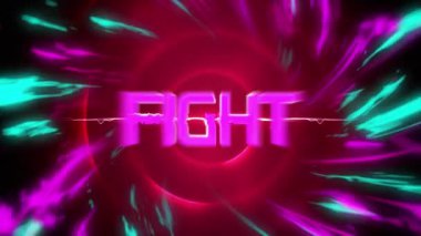 Neon desenli arka planda dövüş metninin animasyonu. Küresel video oyunu, dijital arayüz, iletişim, bilgisayar ve veri işleme kavramı dijital olarak oluşturuldu.