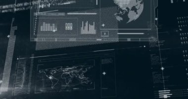 Siyah arkaplan üzerinde birden fazla grafik, küre, metin, harita ve yükleme çubuklarının animasyonu. Dijital olarak üretilmiş, hologram, illüstrasyon, küreselleşme, rapor, iş ve teknoloji kavramı.