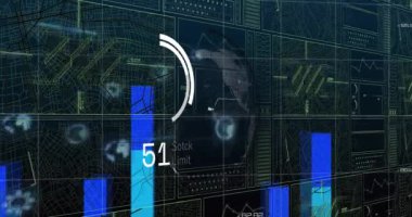 Dünya ve dünya haritası üzerinde istatistiksel ve borsa veri işleme arayüzünün animasyonu. Küresel ekonomi ve iş veri teknolojisi kavramı
