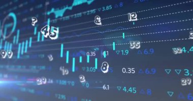 Mavi arka planda istatistiksel ve borsa veri işleme üzerinde yüzen rakamların animasyonu. Küresel ekonomi ve iş veri teknolojisi kavramı