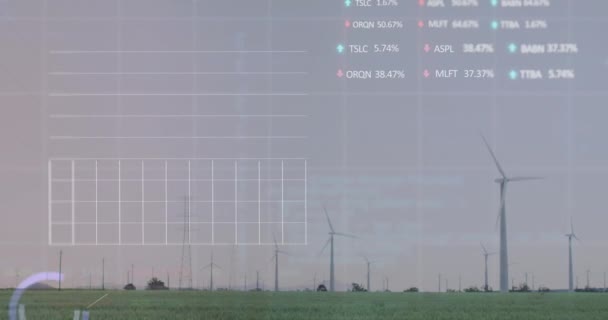 Animation Statistical Stock Market Data Processing Spinning Windmills Grassland Global — Stock Video