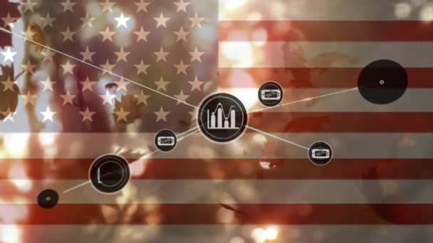连接图和电话图标在美国国旗和秋天落叶上的动画 数码复合材料 爱国主义 报告和无线技术 — 图库视频影像