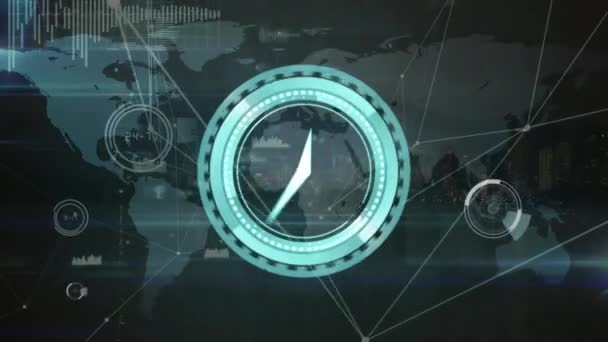 Animation Digital Clock Text Radars Graphs Map Connected Dots Modern — Stock Video