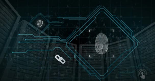 サーバーラック上のスキャン指紋 パドロック および接続されたドットのアニメーション デジタル複合 複数の露出 生体認証 データセンター ネットワーキング テクノロジー — ストック動画