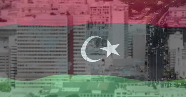 Animação Ícones Mapa Bitcoin Sobre Bandeira Líbia Contra Lapso Tempo — Vídeo de Stock
