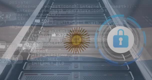 Animering Anmälan Barer Hänglås Över Flagga Argentina Och Datorspråk Datasystem — Stockvideo