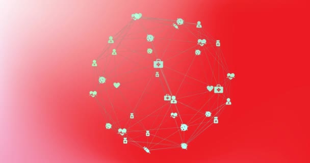 Animation Medical Icons Connecting Lines Forming Globe Red Background Digitally — Stock Video