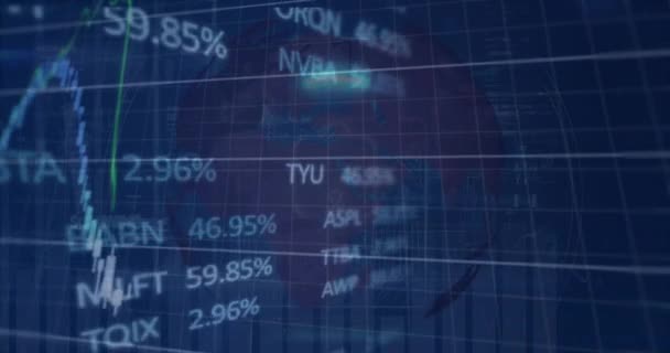 Animatie Van Hangslot Cirkel Trading Board Grafieken Tegen Wereldbol Achtergrond — Stockvideo