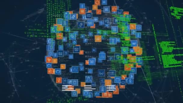 Анимация Иконок Земном Шаре Над Компьютерным Языком Соединенные Точки Числами — стоковое видео