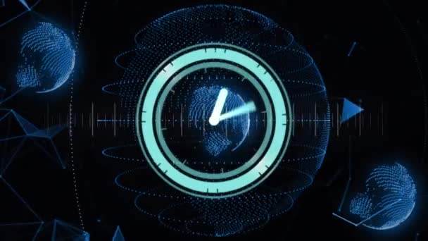 Animação Relógio Digital Sobre Pontos Conectados Globos Contra Fundo Preto — Vídeo de Stock