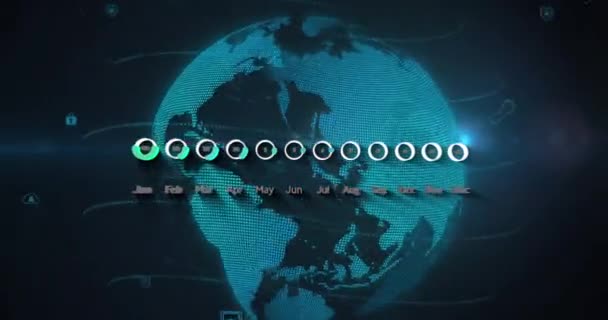 动画日历数据处理和光斑在旋转的地球上的黑色背景 全球联网和商业数据技术概念 — 图库视频影像
